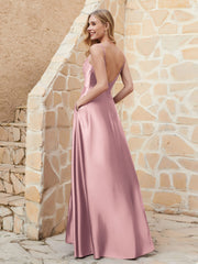 A Line Cowl Neck Satin Dress With Slit Dusty Rose