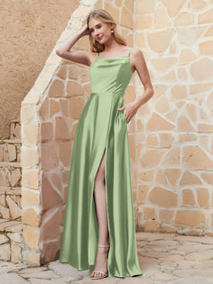 A Line Cowl Neck Satin Dress With Slit Dusty Sage