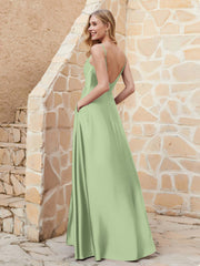 A Line Cowl Neck Satin Dress With Slit Dusty Sage