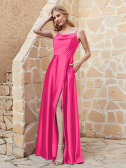 A Line Cowl Neck Satin Dress With Slit Fuchsia