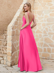A Line Cowl Neck Satin Dress With Slit Fuchsia
