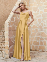 A Line Cowl Neck Satin Dress With Slit Gold