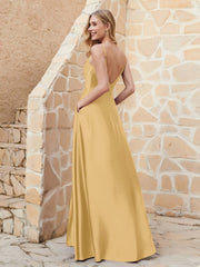 A Line Cowl Neck Satin Dress With Slit Gold