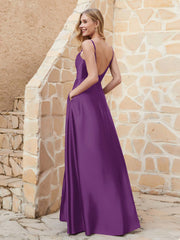 A Line Cowl Neck Satin Dress With Slit Grape