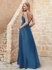 A Line Cowl Neck Satin Dress With Slit Ink Blue