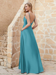 A Line Cowl Neck Satin Dress With Slit Jade