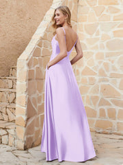 A Line Cowl Neck Satin Dress With Slit Lilac