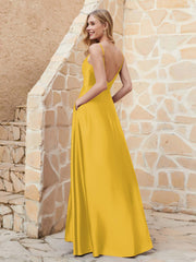 A Line Cowl Neck Satin Dress With Slit Marigold