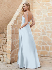 A Line Cowl Neck Satin Dress With Slit Mist