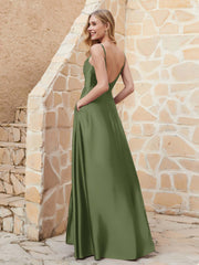 A Line Cowl Neck Satin Dress With Slit Olive Green