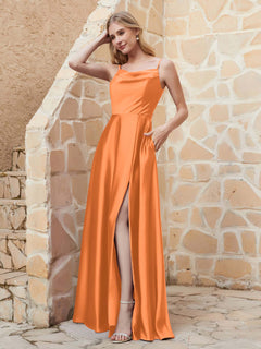 A Line Cowl Neck Satin Dress With Slit Orange