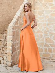 A Line Cowl Neck Satin Dress With Slit Orange