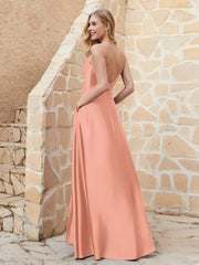 A Line Cowl Neck Satin Dress With Slit Papaya