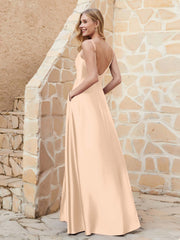 A Line Cowl Neck Satin Dress With Slit Peach