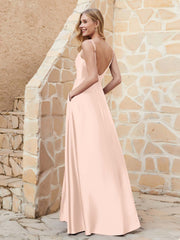 A Line Cowl Neck Satin Dress With Slit Pearl Pink