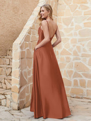 A Line Cowl Neck Satin Dress With Slit Rust