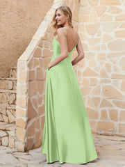 A Line Cowl Neck Satin Dress With Slit Sage