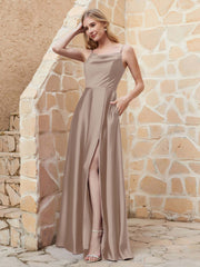 A Line Cowl Neck Satin Dress With Slit Taupe