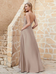 A Line Cowl Neck Satin Dress With Slit Taupe