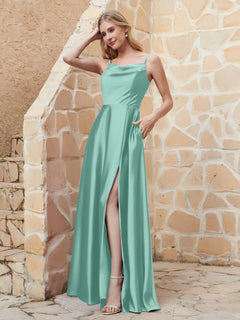 A Line Cowl Neck Satin Dress With Slit Turquoise