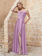 A Line Cowl Neck Satin Dress With Slit Wisteria