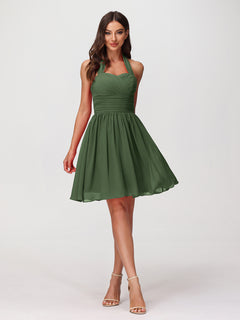 Halter Sweetheart Chiffon Short Dressses Olive Green