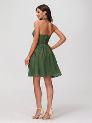 Halter Sweetheart Chiffon Short Dressses Olive Green Plus Size