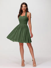 Halter Sweetheart Chiffon Short Dressses Olive Green