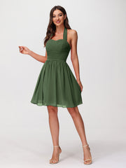 Halter Sweetheart Chiffon Short Dressses Olive Green
