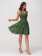 Halter Sweetheart Chiffon Short Dressses Olive Green
