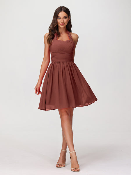 draped bust a-line mini dress in terracotta BABARONI Chiffon Bridesmaid Dresses Halter Short/Mini Sleeveless Ruched A-line, Terracotta / US0 Sexy Black Sleeveless Turtleneck Floor Length prom dress Colors:Sage Delphine is a dazzling