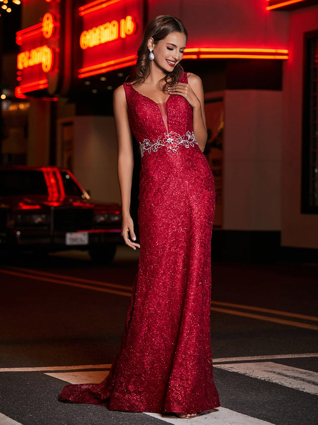 Square Neckline Long Lace Dress With Slit Burgundy main image 1