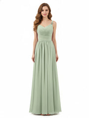 Pleated Chiffon Bodice Long Gown with Straps Dusty Sage