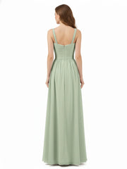 Pleated Chiffon Bodice Long Gown with Straps Dusty Sage