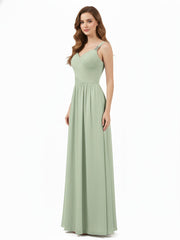 Pleated Chiffon Bodice Long Gown with Straps Dusty Sage
