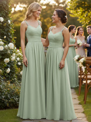 Pleated Chiffon Bodice Long Gown with Straps Dusty Sage