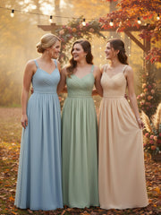 Pleated Chiffon Bodice Long Gown with Straps Dusty Sage