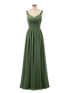 Pleated Chiffon Bodice Long Gown with Straps Olive Green