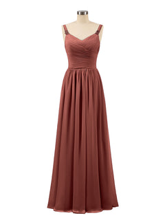 Pleated Chiffon Bodice Long Gown with Straps Terracotta