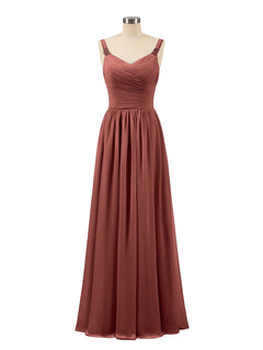 Pleated Chiffon Bodice Long Gown with Straps Terracotta Plus Size