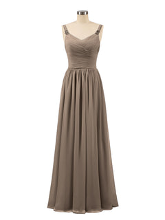 Pleated Chiffon Bodice Long Gown with Straps Taupe