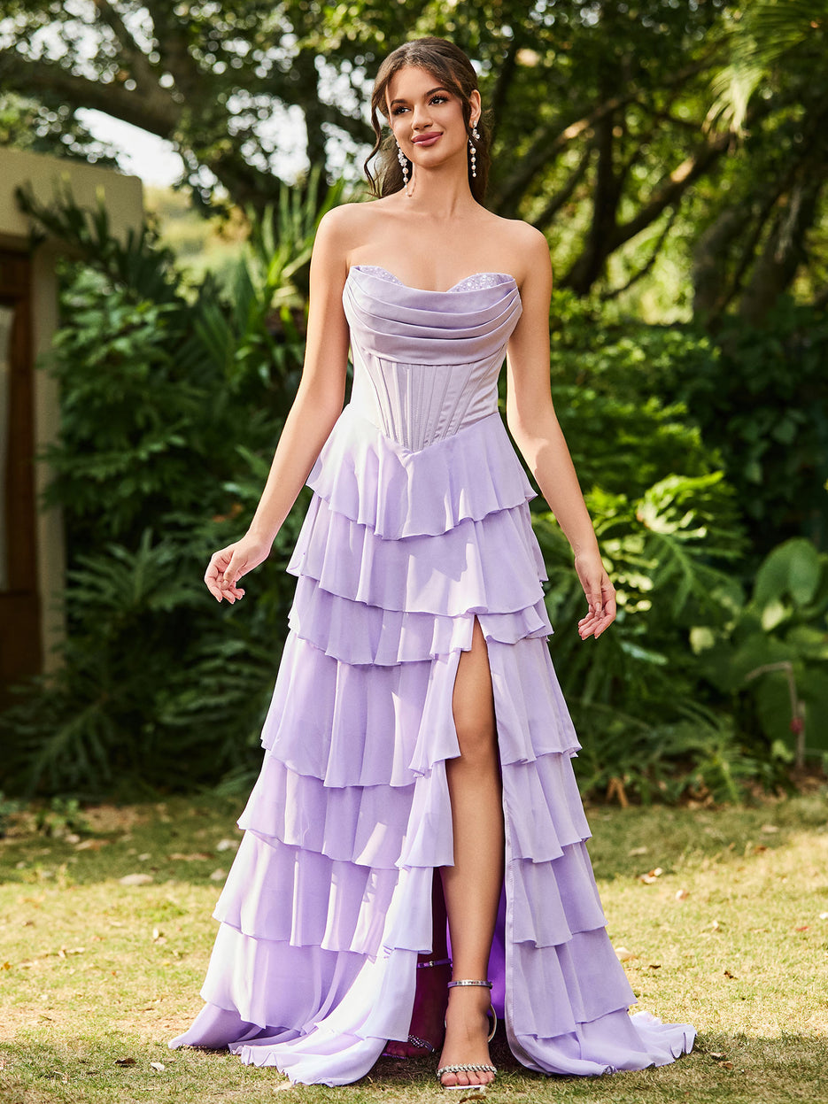 Lilac Appliqued Strapless Corset A Line Prom Dress