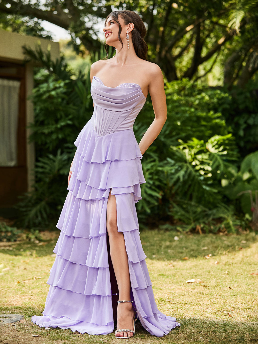 BABARONI Chiffon Lilac Prom Dresses A-line Strapless With Slit Sweep