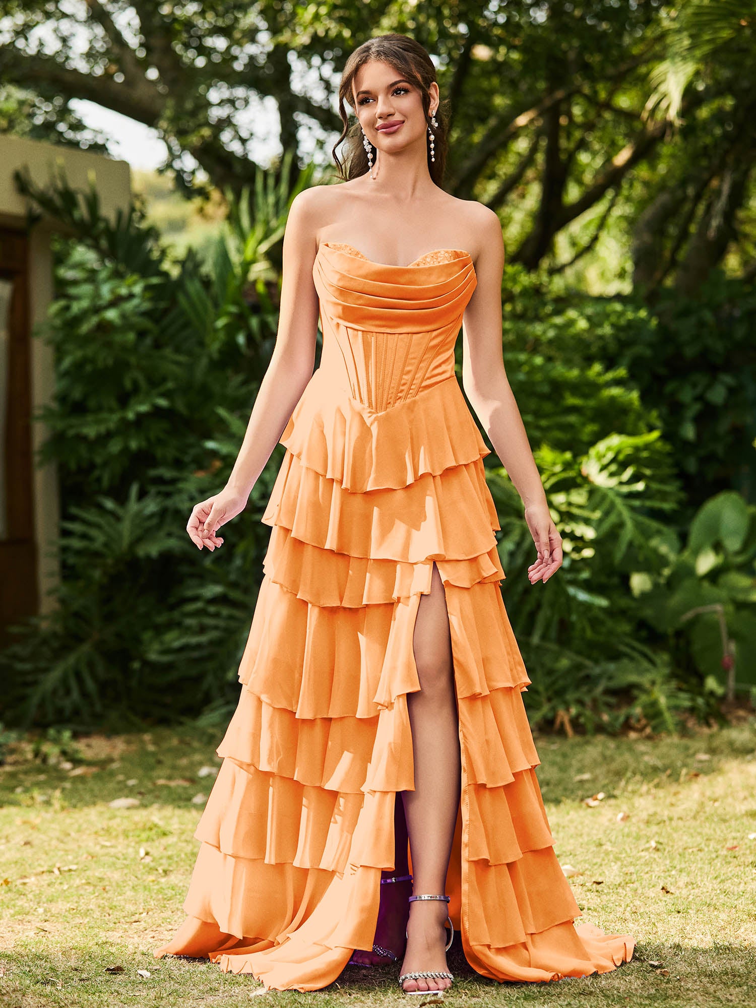 Strapless Corset Ruffled Maxi Dress Orange – BABARONI