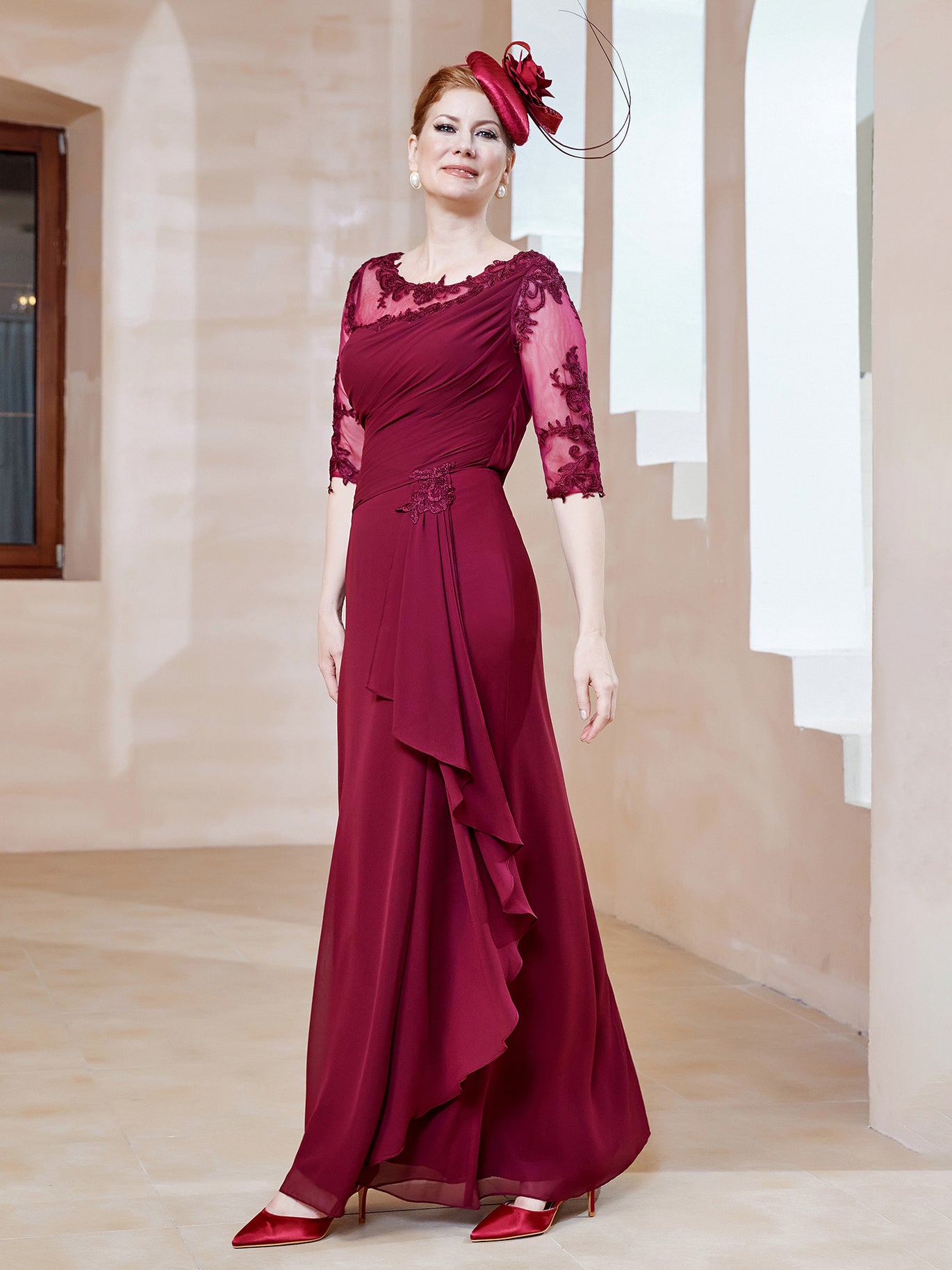 BABARONI Chiffon Mother of the Bride Dress with Scoop Lace Neckline Ruffles Sheath Gown