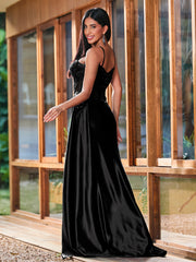 Spaghetti Straps Sheer Top with Beaded Thigh-Slit Slim-Fitting Long Gown Black