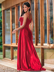 Spaghetti Straps Sheer Top with Beaded Thigh-Slit Slim-Fitting Long Gown Red