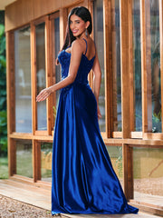 Spaghetti Straps Sheer Top with Beaded Thigh-Slit Slim-Fitting Long Gown Royal Blue