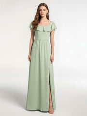 Square Neck Long Chiffon Dress with Front Slit Dusty Sage
