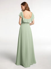 Square Neck Long Chiffon Dress with Front Slit Dusty Sage